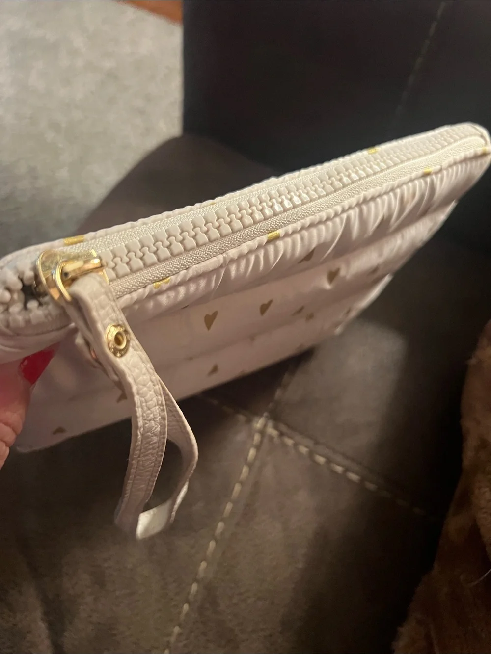 Women's White Wristlet Quilted Clutch with Gold Heart Accents